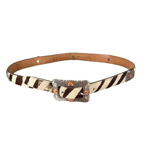 Brown White Leather Belt with Hair Metal Floral Detail